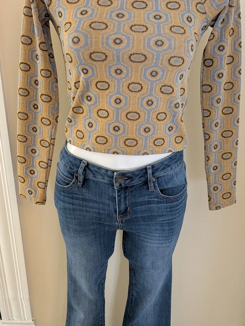 Zara brown tan and blue geometric print long sleeve top size S